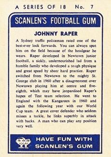 1963 Scanlens NRL #7 Johnny Raper Back